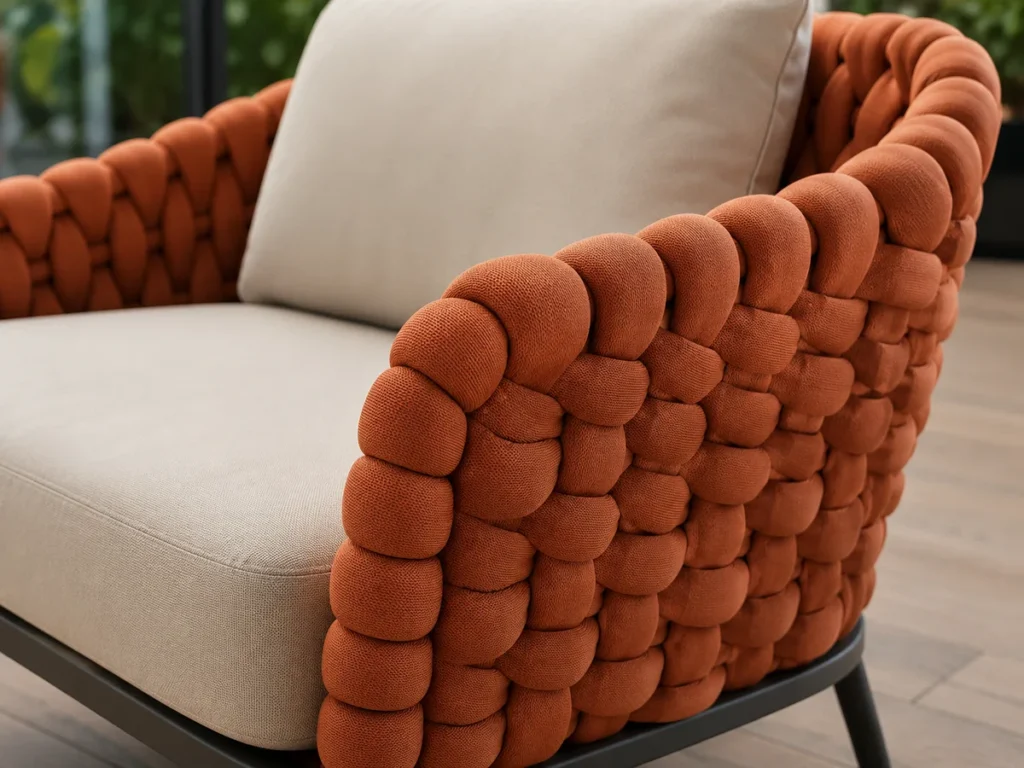 Poltrona de design para área externa trançada com corda de tricô náutico terracota e estofamento interno macio.