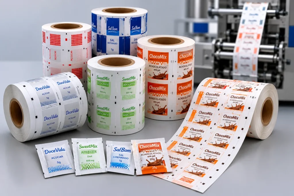 Conjunto de bobinas de papel coating personalizadas com impressão em até 9 cores e sachês prontos de produtos alimentícios.