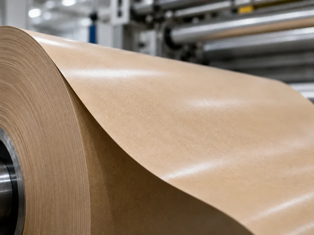 Bobina industrial de papel kraft pardo com revestimento brilhante de polietileno em processo de rebobinamento.