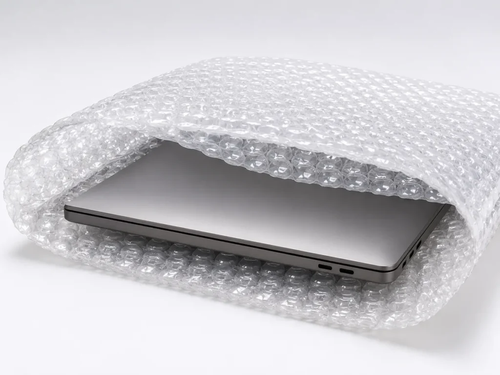 Notebook sendo inserido em proteção de plástico bolha duplex de alta densidade.
