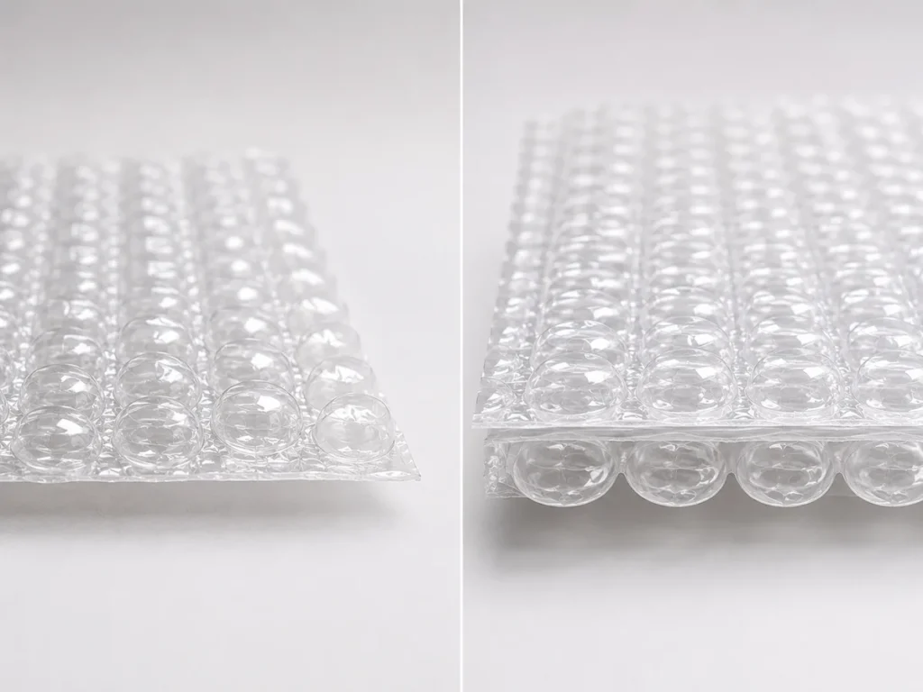 Comparação visual lado a lado entre o plástico bolha simples de uma camada e o plástico bolha duplex de camada dupla.