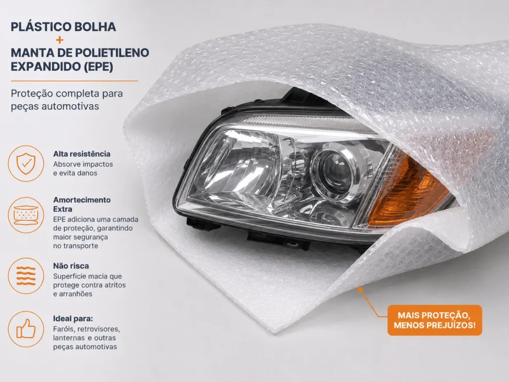Farol automotivo sendo protegido por plástico bolha laminado com manta de EPE.