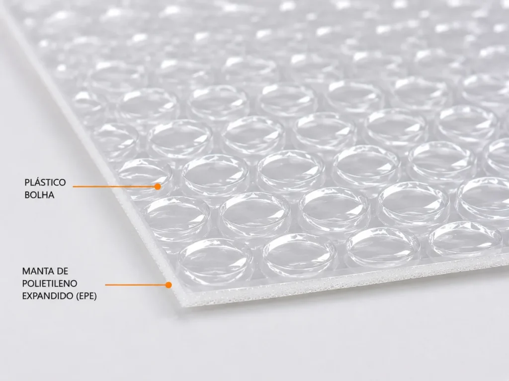 Detalhe das camadas de plástico bolha e da manta de polietileno expandido EPE laminadas.