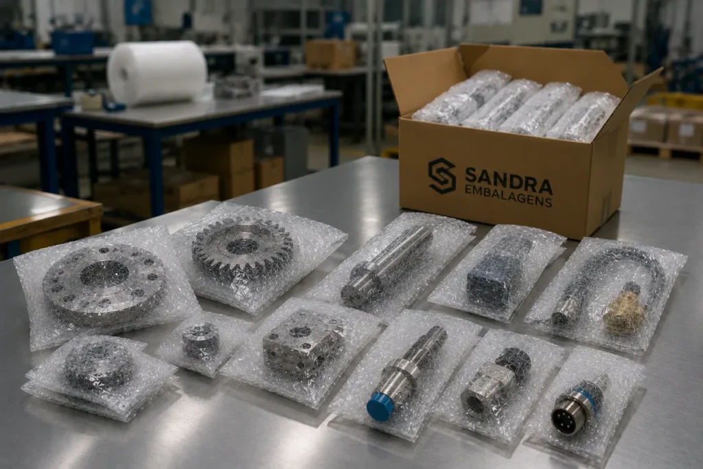 Peças industriais usinadas acondicionadas em sacos de plástico bolha laminado com EPE e caixa de papelão.
