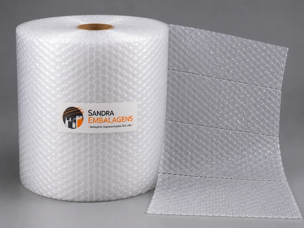 Bobina de plástico bolha picotado aberta exibindo as linhas de perfuração contínuas.