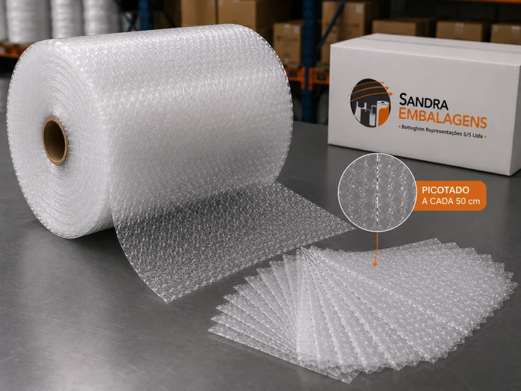 Bobina de plástico bolha picotado ao lado de folhas empilhadas e caixa de papelão em bancada.
