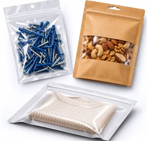 Três modelos de embalagens plásticas com zíper, incluindo saco flat, envelope e embalagem com visor, utilizados para alimentos, vestuário, ferragens e diversos produtos.