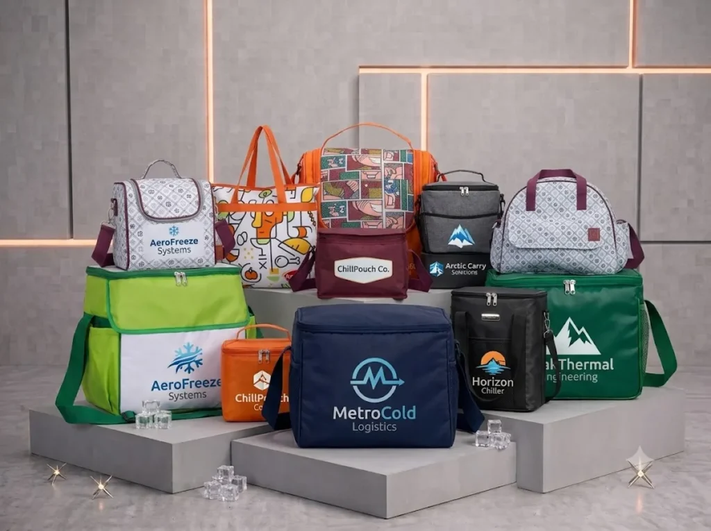 Diversos modelos de bolsas térmicas personalizadas com logos corporativos em exposição promocional.