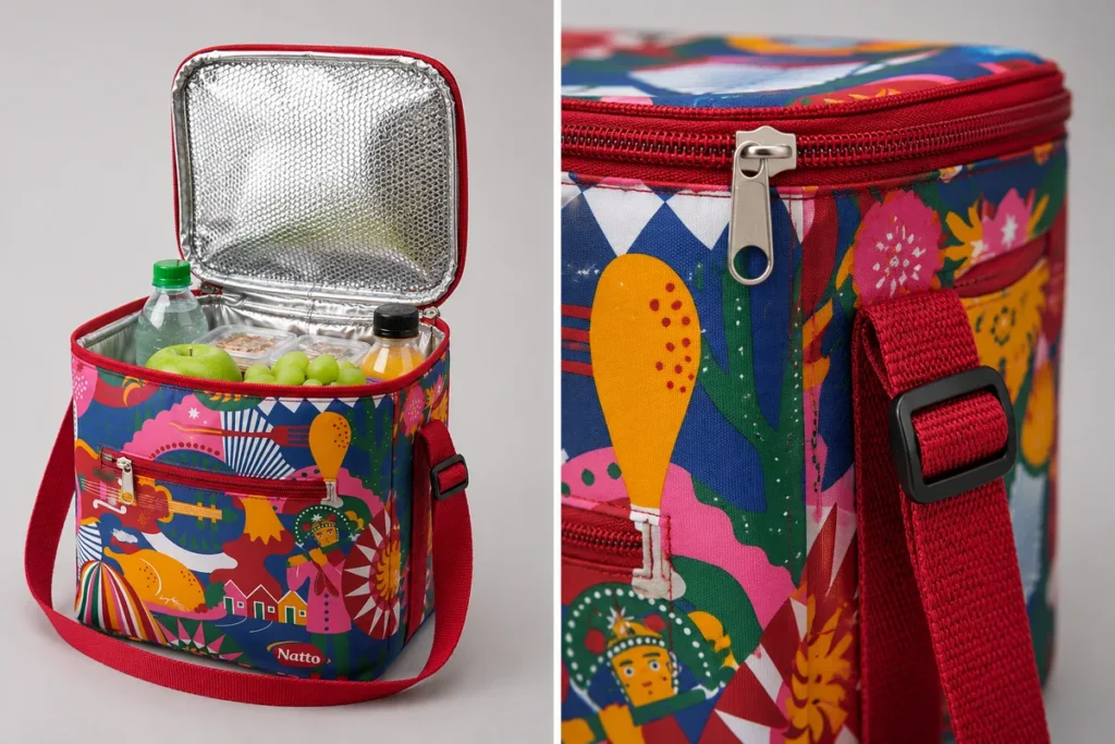 Detalhe aproximado de uma bolsa térmica aberta mostrando o interior aluminizado térmico com frutas e o acabamento reforçado do zíper e da alça externa.