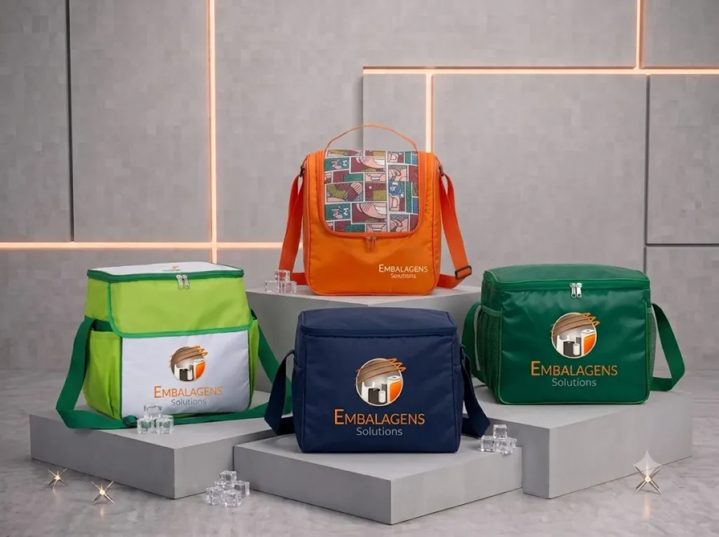 Quatro modelos de bolsas térmicas com a marca Sandra Embalagens impressa na parte frontal.