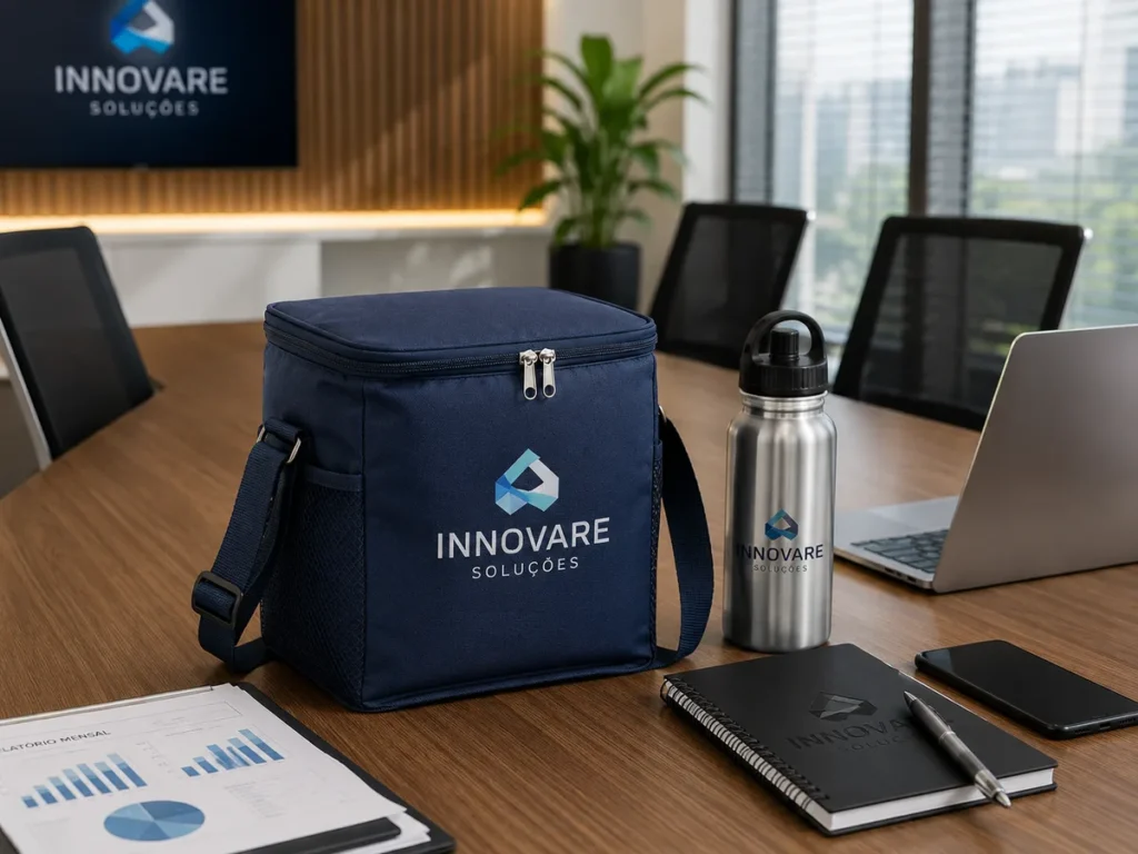 Bolsa térmica corporativa azul marinho com logotipo empresarial sobre mesa de reuniões ao lado de notebook, garrafa de inox e caderno.
