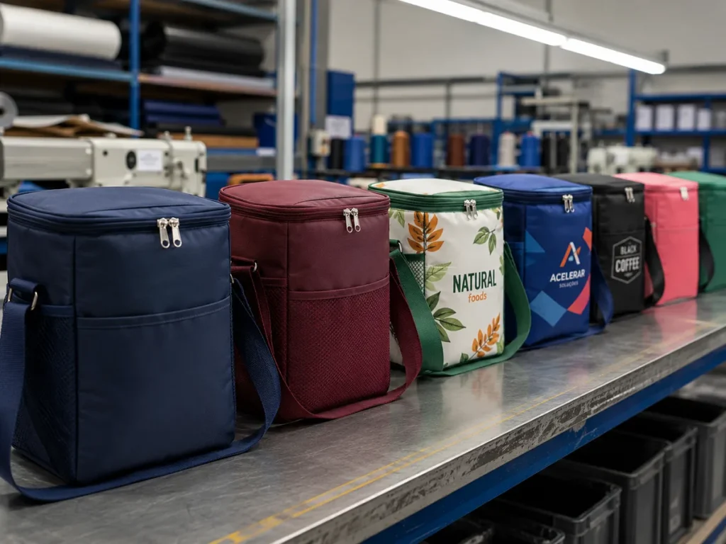 Linha de produção de bolsas térmicas personalizadas em diversas cores dispostas em uma bancada de fábrica.
