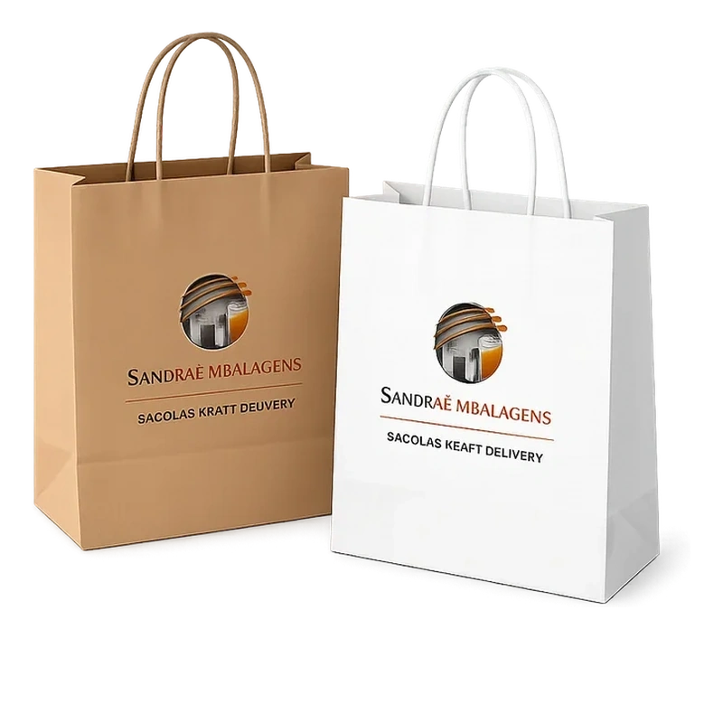 Sacolas kraft para delivery com alça torcida nas cores natural e branca
