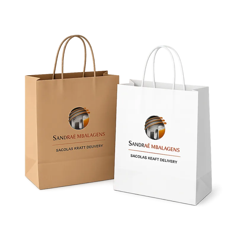Duas sacolas kraft para delivery com alça torcida, uma natural e outra branca